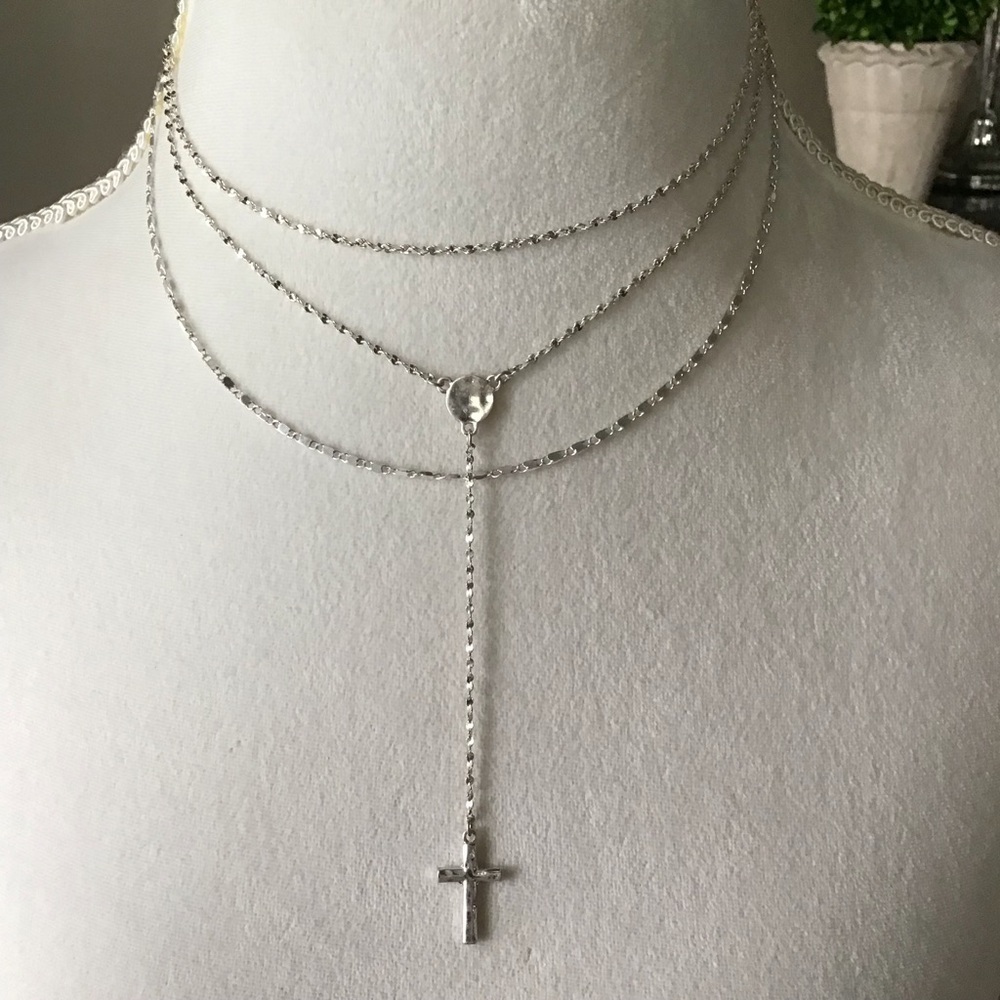 Cross Necklace Delicate 3-Chain Silver-Tone Waterfall Rosary Style Boho Feminine